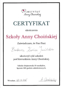 Certyfikat ukończenia Szkoły Anny Choińskiej